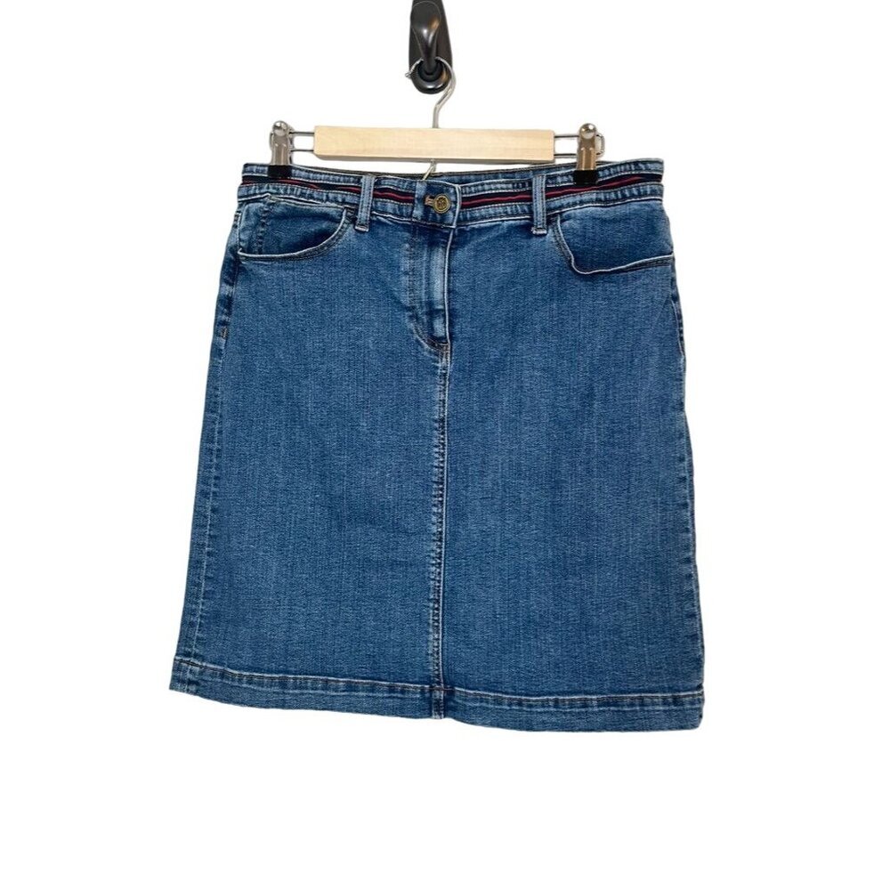 Talbots Skirt Women 8 Blue Denim Red Stripe Jean Midi Retro Boho Hippie Hipster